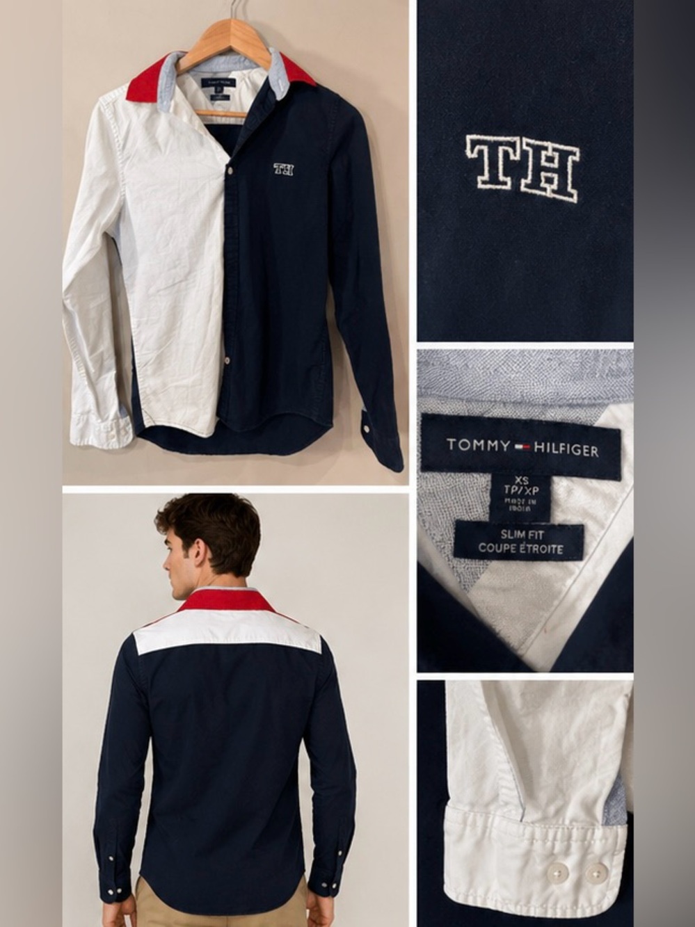 Tommy Hilfiger Men’s Colorblock Button Up Shirt XS Slim Fit Navy White Red - Picture 2 of 8